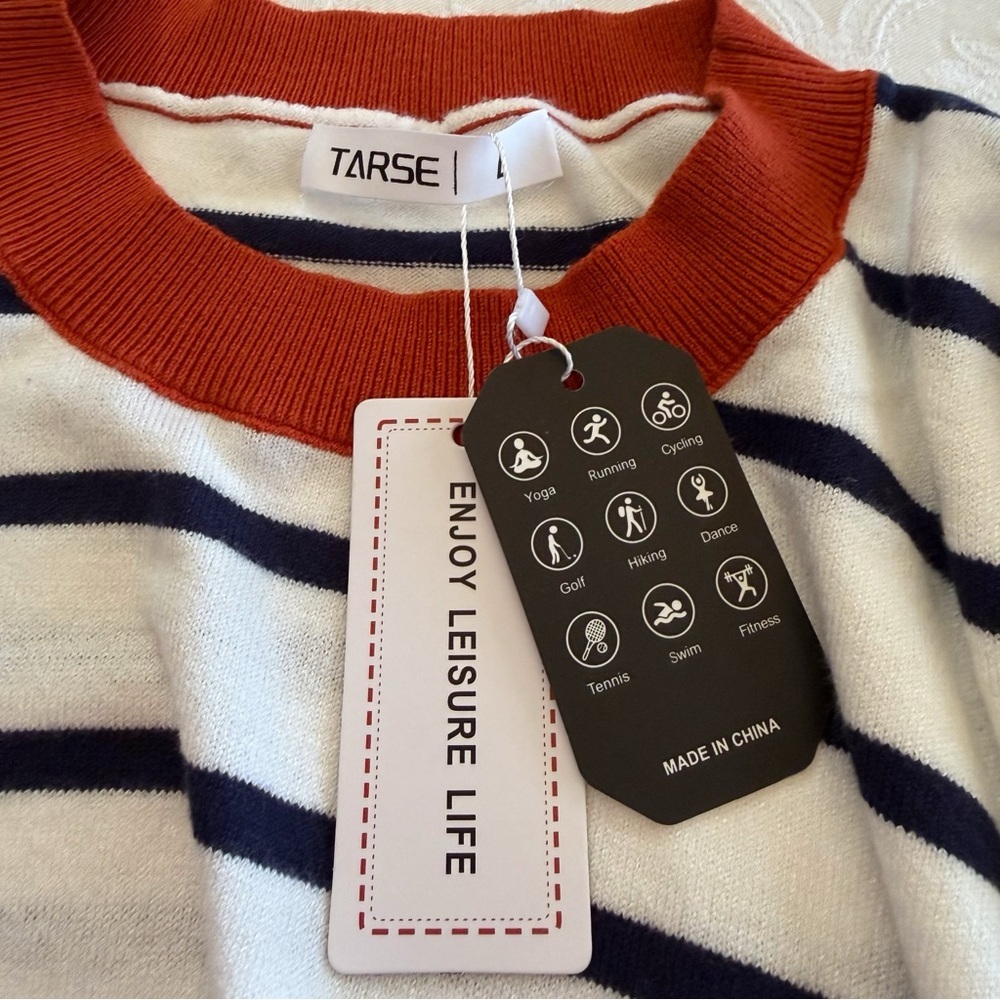TARSE Striped Puff Sleeve Knit Top Size L Navy White Rusty Red Ribbed Trim - Picture 2 of 10